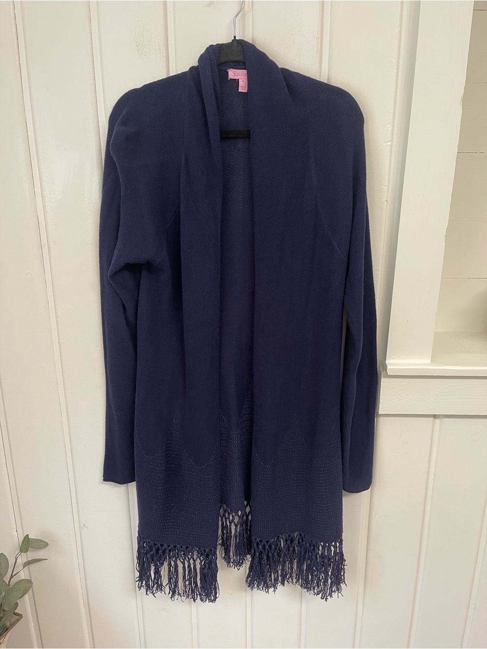 Lilly Pulitzer Navy Blue Open Front Fringe Cardigan XL Boho Lightweight Knit